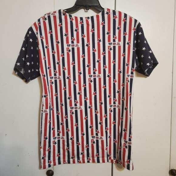 Vtg Large Green Field Stars & Stripes Patriotic USA Short Sleeve Button Down Top - Picture 2 of 8